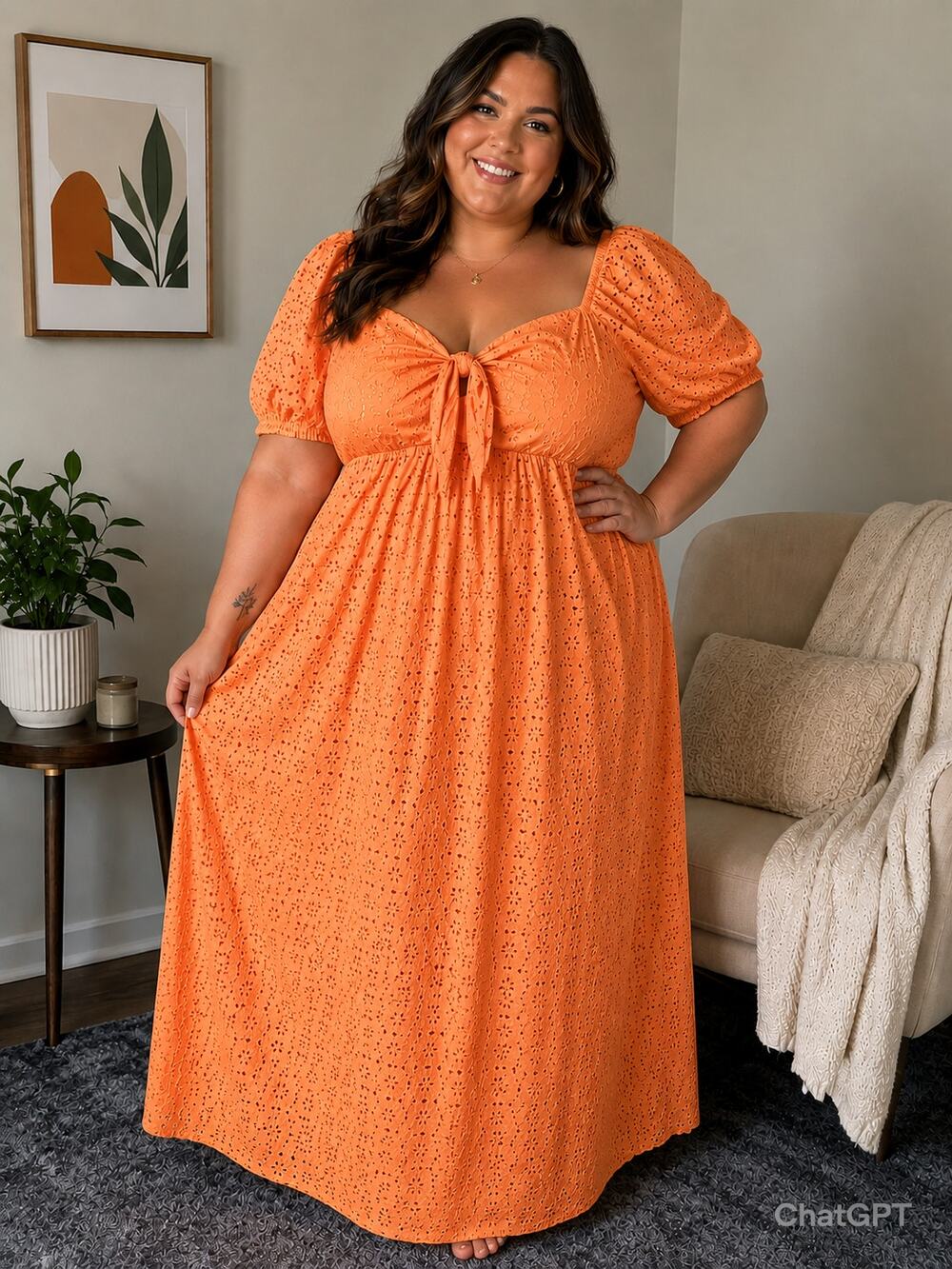 Eloquii 26 Plus Boho Cottagecore Romantic Orange Eyelet Tie Front Maxi Dress